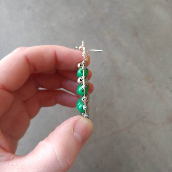 Handmade Round Circle Green Silver Beaded Woven Dangle Earrings - Picture 4 of 5